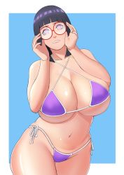 Rule 34 | 1girl, bare shoulders, bikini, black hair, boruto: naruto next generations, breasts, cleavage, eyebrows, female focus, glasses, highres, hip focus, huge breasts, hyuuga hinata, lips, lipstick, looking at viewer, makeup, mature female, naruto, naruto (series), navel, neck, parted lips, plump, purple eyes, short hair, smile, solo, stomach, swimsuit, thighs, underboob, zeros