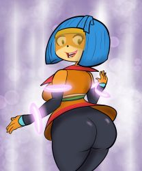 Rule 34 | 1girl, alternate costume, alternate hair color, alternate hairstyle, ass, blue hair, bodysuit, breasts, coco bandicoot, crash bandicoot (series), dress, from behind, goggles, green eyes, highres, huge ass, large breasts, looking back, looking down, shiny clothes, short dress, short hair, sideboob, smile, solo