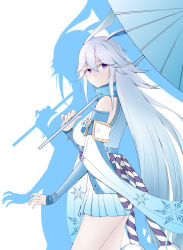 Rule 34 | 1girl, alternate color, alternate hair color, animal ears, bare shoulders, beijiushui, blue eyes, blue hair, blue skirt, closed mouth, fox ears, highres, holding, holding umbrella, honkai (series), honkai impact 3rd, japanese clothes, long hair, looking at viewer, looking to the side, miko, oil-paper umbrella, simple background, skirt, umbrella, white background, white sleeves, yae sakura, yae sakura (gyakushinn miko)