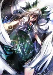 Rule 34 | 1girl, arm cannon, arms at sides, aruto2498, brown hair, cape, green skirt, hair ribbon, highres, light particles, long hair, looking at viewer, messy hair, orange eyes, perspective, reiuji utsuho, ribbon, skirt, skirt set, smile, solo, standing, third eye, touhou, weapon, wings