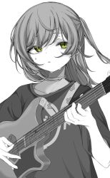 Rule 34 | 1girl, black shirt, bocchi the rock!, collarbone, commentary, expressionless, green eyes, grey background, greyscale, highres, holding, holding instrument, holding plectrum, instrument, kita ikuyo, looking at viewer, medium hair, monochrome, mushoku loli, music, one side up, playing guitar, playing instrument, plectrum, print shirt, shirt, short sleeves, simple background, sweat, sweatdrop, upper body