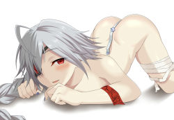 Rule 34 | 1girl, ahoge, ass, bandaged leg, bandages, blazblue, blue nails, blush, braid, breasts, clenched hands, collarbone, dimples of venus, esuto, eyebrows, eyelashes, eyepatch, female focus, fingernails, grey hair, long braid, long hair, looking at viewer, nail polish, naughty face, nu-13, nude, red eyes, shiny skin, simple background, single braid, smile, solo, spread legs, top-down bottom-up, very long hair, white background