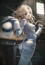 Rule 34 | 1girl, aqua eyes, blonde hair, closed mouth, commentary, english commentary, fencer, fencing suit, floating hair, forehead, gloves, helmet, highres, holding, holding helmet, holding sword, holding weapon, indoors, jacket, long hair, long sleeves, looking at viewer, looking back, original, pants, ruda (ruda e), solo, standing, sword, turtleneck, weapon, white gloves, white jacket, white pants