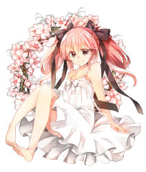 Rule 34 | 1girl, ahoge, bad id, bad pixiv id, barefoot, brown eyes, dress, flower, hair ribbon, long hair, original, pink hair, ribbon, ringpearl, simple background, sleeveless, sleeveless dress, smile, solo, twintails, white background