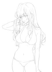 Rule 34 | 1girl, arm at side, bikini, breasts, chimachi, cleavage, closed mouth, cowboy shot, gluteal fold, halterneck, hand up, highres, lineart, long hair, looking away, medium breasts, navel, original, simple background, solo, swimsuit, white background
