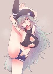 Rule 34 | 1girl, blue eyes, blue hair, breasts, chariki, crop top, g-string, hair over one eye, hat, highres, indie virtual youtuber, kutinawa, large breasts, long hair, long tongue, looking to the side, one eye covered, open fly, revealing clothes, short shorts, shorts, solo, split, standing, standing on one leg, standing split, thong, tongue, tongue out, very long hair, virtual youtuber