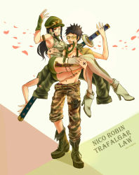 Rule 34 | 1boy, 1girl, armpits, ass, black hair, boots, carrying, character name, extra arms, fishnet thighhighs, fishnets, grin, hana hana no mi, hat, high heels, huge ass, long hair, mangoxlight, nico robin, one piece, peaked cap, princess carry, smile, standing, sunglasses, sword, thighhighs, trafalgar law, weapon