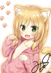 Rule 34 | 1girl, animal ear fluff, animal ears, arms up, bad id, bad twitter id, blonde hair, cat ears, cat tail, clenched hands, collarbone, commentary request, convenient censoring, fang, flat chest, green eyes, jacket, long hair, open clothes, open jacket, open mouth, original, paw pose, pink jacket, signature, smile, solo, tail, unzipped, upper body, yukino minato, zipper