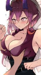 1girl arknights ascalon_(arknights) blush breasts collarbone demon_girl demon_horns grabbing_another&#039;s_breast groping hair_between_eyes highres horns kyuu_(plastic_night_q) large_breasts long_hair pointy_ears purple_horns red_hair red_shirt shirt sleeveless sleeveless_shirt solo_focus sweat upper_body