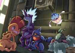 Rule 34 | absurdres, against wall, air conditioner, alley, black eyes, clenched teeth, colored sclera, creatures (company), cross, game freak, gen 4 pokemon, gen 5 pokemon, gen 6 pokemon, gen 8 pokemon, hand on own chin, highres, inkay, looking at another, nintendo, pokemon, pokemon (creature), q-chan, scrafty, squatting, standing, stroking own chin, teeth, toxicroak, toxtricity, trash bag, trubbish, upside-down, yellow sclera