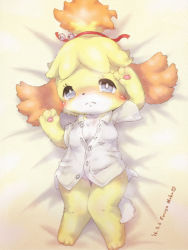 Rule 34 | 1girl, animal crossing, animal ears, animal hands, arm up, artist name, bed sheet, bell, blonde hair, blush, blush stickers, bottomless, breasts, colored sclera, convenient censoring, dakimakura (medium), dated, dog ears, dog tail, feet, female focus, from above, full body, furuya muku, grey sclera, hand up, isabelle (animal crossing), jingle bell, knees together feet apart, lying, nintendo, no humans, on back, red ribbon, ribbon, shirt, short hair, short sleeves, signature, simple background, small breasts, solo, tail, text focus, white eyes, white shirt, yellow background