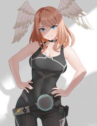 Rule 34 | 1girl, absurdres, black bodysuit, black choker, blue eyes, bodysuit, breast tattoo, breasts, brown hair, choker, cleavage, commentary request, covered navel, eunie (xenoblade), grin, hands on own hips, head wings, highres, ibouki, long hair, looking at viewer, medium breasts, medium hair, no jacket, smile, solo, tattoo, white wings, wings, xenoblade chronicles (series), xenoblade chronicles 3