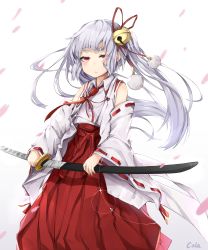 Rule 34 | absurdres, artist name, bare shoulders, bell, black cola, blush, busou shoujo machiavellism, cherry blossoms, detached sleeves, hair bell, hair ornament, highres, holding, holding weapon, inaba tsukuyo, japanese clothes, long hair, looking at viewer, miko, petals, red eyes, sheath, silver hair, solo, sword, twintails, weapon, white background, wide sleeves