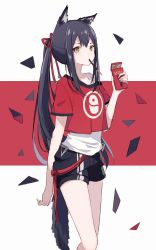 Rule 34 | 1girl, animal ears, arknights, black hair, black shorts, captain yue, crop top, food, food in mouth, hair ribbon, lappland (arknights), long hair, looking at viewer, mouth hold, pocky, ponytail, red background, red ribbon, red shirt, ribbon, shirt, short shorts, short sleeves, shorts, solo, tail, tank top, two-tone background, very long hair, white background, white shirt