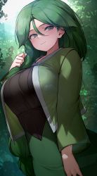 Rule 34 | 1girl, black shirt, blush, braid, braided ponytail, breasts, cheryl (pokemon), closed mouth, commentary, creatures (company), day, forest, game freak, green eyes, green hair, green jacket, green skirt, highres, jacket, kashu (hizake), large breasts, long hair, mature female, nature, nintendo, outdoors, pokemon, pokemon dppt, shirt, skirt, smile, solo, symbol-only commentary, tree, very long hair
