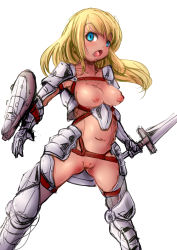 Rule 34 | 1girl, armor, blonde hair, blue eyes, breasts, long hair, marimo (ankokumarimo), medium breasts, nipples, pussy, shield, solo, sword, uncensored, weapon