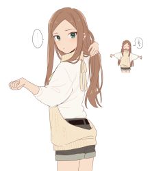 Rule 34 | ..., 10s, 1girl, :o, aran sweater, blouse, blush, brown hair, cable knit, cowboy shot, dress, from behind, green eyes, halterneck, highres, idolmaster, idolmaster cinderella girls, long hair, looking at viewer, looking back, matsuyama kumiko, meme attire, multiple views, official style, ohato-p, open mouth, parted lips, ribbed sweater, shirt, shorts, simple background, speech bubble, spoken ellipsis, sweater, sweater dress, turtleneck, turtleneck sweater, virgin killer sweater, white background, white shirt