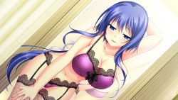 Rule 34 | 1girl, arm up, arms up, atou subaru, bare shoulders, black thighhighs, blue eyes, blue hair, bra, breasts, chuablesoft, cleavage, curvy, fishnet thighhighs, fishnets, game cg, garter belt, garter straps, highres, huge breasts, kunai uri, lace, lace-trimmed bra, lace-trimmed panties, lace trim, large breasts, leaning forward, legs, lingerie, looking at viewer, matching hair/eyes, mirror, namanie, naughty face, navel, noblesse of rouge, panties, purple bra, purple panties, sidelocks, smile, solo, standing, thighhighs, thighs, underwear