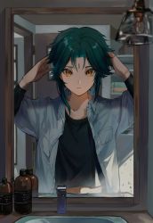 Rule 34 | 1boy, arm up, black shirt, bottle, facial mark, forehead, forehead mark, genshin impact, green hair, highres, indoors, jacket, male focus, mirror, multicolored hair, navel, open clothes, potetwo 2, shirt, short hair, solo, stomach, xiao (genshin impact), yellow eyes