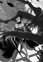 Rule 34 | 1boy, 1girl, bare legs, bare shoulders, barefoot, blood, boots, breasts, death, debris, detached collar, detached sleeves, dungeon meshi, ear covers, edo mond (edoedoedomond), elf, feathered wings, floating hair, flying, from above, greyscale, head out of frame, highres, holding, holding staff, hood, hood up, legs apart, long hair, long sleeves, looking at another, looking away, looking to the side, marcille donato, marcille donato (lord), medium breasts, mithrun, monochrome, outstretched arm, pants, pointy ears, puffy long sleeves, puffy sleeves, scared, short hair, spoilers, staff, standing, symbol-shaped pupils, thigh boots, winged lion (dungeon meshi), wings