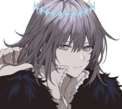 Rule 34 | 1boy, blue eyes, cape, crown, diamond hairband, fate/grand order, fate (series), fur-trimmed cape, fur trim, grey hair, insect wings, long hair, long sleeves, male focus, nozz177, oberon (fate), oberon (third ascension) (fate), shirt, solo, spoilers, wings
