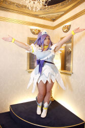 Rule 34 | 1girl, ankle boots, arms up, asian, blue eyes, blue hair, boots, bow, bracelet, breasts, choker, chouzuki maryou, cosplay, cure diamond (cosplay), dokidoki! precure, dress, headpiece, highres, jewelry, large breasts, long hair, magical girl, matching hair/eyes, photo (medium), plump, ponytail, precure, puffy short sleeves, puffy sleeves, ribbon, short sleeves, solo, tiara
