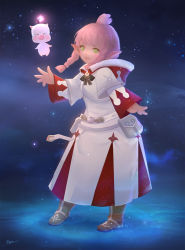 Rule 34 | 1girl, ahoge, belt, blush, boots, closed eyes, final fantasy, final fantasy xiv, floating, fom (lifotai), glowing, green eyes, hood, hood down, lalafell, light particles, medium hair, moogle, open mouth, pink hair, pointy ears, pouch, smile, standing, waving, white belt, white mage (final fantasy)
