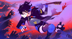 Rule 34 | 1boy, acoustic guitar, asymmetrical legwear, bandaged arm, bandages, black footwear, black hair, black jacket, black nails, black pantyhose, black shirt, black shorts, black thighhighs, blue gloves, blue hair, boots, clenched teeth, colored inner hair, commentary, creature, cross-laced footwear, disembodied hand, earrings, english commentary, feet out of frame, fighting stance, fingerless gloves, fishnet top, fishnets, gloves, guitar, hair between eyes, hair ornament, hairclip, half updo, highres, holding, holding instrument, holostars, hood, hood down, hooded jacket, instrument, jacket, jewelry, kanade izuru, knee pads, lace-up boots, layered sleeves, lightning bolt, lightning bolt hair ornament, lightning bolt symbol, long sleeves, looking to the side, male focus, mono (bluesky), multicolored hair, official alternate costume, open clothes, open jacket, pantyhose, pouch, purple background, purple eyes, red background, shirt, short hair, short over long sleeves, short shorts, short sleeves, shorts, slit pupils, solo, teeth, thigh pouch, thighhighs, torn clothes, torn pantyhose, torn thighhighs, two-sided fabric, two-sided jacket, uneven legwear, virtual youtuber