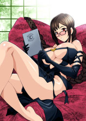 Rule 34 | 1girl, bare shoulders, barefoot, black-framed eyewear, black dress, black gloves, blush, braid, breasts, brown hair, center opening, choker, cleavage, dress, earrings, elbow gloves, fate/grand order, fate (series), feet, glasses, gloves, jewelry, knee up, large breasts, legs, long hair, looking at viewer, multiple earrings, multiple piercings, open mouth, red eyes, revealing clothes, ribbon-trimmed dress, single braid, sitting, solo, strapless, strapless dress, tablet pc, very long hair, yu mei-ren (fate), yukiyanagi