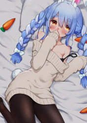 Rule 34 | 1girl, alternate costume, animal ear fluff, animal ears, bed sheet, beige sweater, black bra, black pantyhose, blue hair, blush, bra, braid, carrot hair ornament, collarbone, food-themed hair ornament, from above, hair ornament, highres, hololive, kutar22, long hair, long sleeves, looking at viewer, lying, multicolored hair, off shoulder, on bed, orange eyes, pantyhose, pillow, rabbit ears, rabbit girl, rabbit tail, sidelocks, sleeves past wrists, solo, strap slip, streaked hair, sweater, tail, thick eyebrows, twintails, two-tone hair, underwear, usada pekora, virtual youtuber, white hair