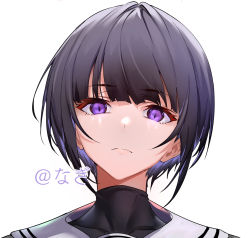 Rule 34 | 1girl, black bodysuit, black hair, bodysuit, closed mouth, colored inner hair, copyright request, highres, idolmaster, looking at viewer, multicolored hair, portrait, purple eyes, sailor collar, scowl, shirayuki chiyo, short hair, simple background, solo, ulrich (tagaragakuin), white background, white sailor collar