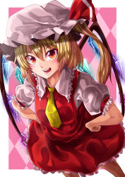 Rule 34 | 1girl, :d, absurdres, argyle, argyle background, argyle clothes, blonde hair, blouse, breasts, collared shirt, commentary request, cowboy shot, crystal, flandre scarlet, foreshortening, frilled shirt collar, frilled skirt, frilled sleeves, frills, hair between eyes, hands on own hips, hat, highres, looking at viewer, lower teeth only, mahoro (minase mahoro), mob cap, multicolored wings, necktie, open mouth, orange eyes, pink background, puffy short sleeves, puffy sleeves, red skirt, red vest, shirt, short sleeves, skirt, skirt set, small breasts, smile, solo, teeth, touhou, upper teeth only, vest, white hat, white shirt, wings, yellow necktie