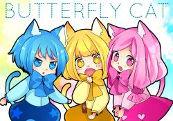 Rule 34 | 3girls, animal ears, ao (butterfly cat), bad id, bad pixiv id, blonde hair, blue eyes, blue hair, bonne c, butterfly cat, cat ears, cat tail, chibi, heart, heart-shaped pupils, hina (butterfly cat), momo (butterfly cat), multiple girls, pink eyes, pink hair, ribbon, sound voltex, symbol-shaped pupils, tail, yellow eyes