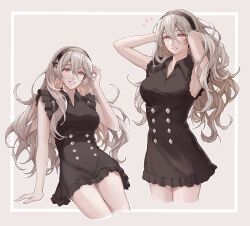 Rule 34 | 1girl, absurdres, alternate costume, armpits, bare shoulders, black dress, black hairband, blush, breasts, collared dress, commentary request, corrin (female) (fire emblem), corrin (fire emblem), dress, fire emblem, fire emblem fates, frilled dress, frills, grey hair, grin, hair between eyes, hairband, highres, long hair, looking at viewer, medium breasts, nintendo, pointy ears, red eyes, sleeveless, sleeveless dress, smile, sobasakuhin, very long hair, wavy hair