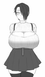 Rule 34 | 1girl, arms behind back, blush, breasts, cleavage, cleavage cutout, clothing cutout, commentary, cowboy shot, english commentary, greyscale, hair over one eye, huge breasts, looking at viewer, monochrome, one eye covered, original, ribbed sweater, saya (twrlare), short hair, simple background, skirt, smile, solo, sweater, thighhighs, twrlare, white background, zettai ryouiki