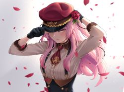 Rule 34 | 1girl, arms up, black gloves, closed mouth, collared shirt, dress shirt, floral print, flower, frown, gloves, grey background, hair flower, hair ornament, hat, hat over one eye, highres, long sleeves, looking at viewer, military hat, necktie, nijisanji, nijisanji en, ootoii, petals, plant, print necktie, red eyes, red flower, red hat, red necktie, rosemi lovelock, shirt, short necktie, side ponytail, solo, suspenders, upper body, vines, virtual youtuber, white shirt, wing collar