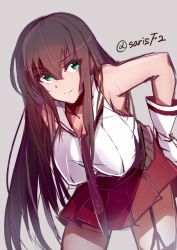Rule 34 | 10s, 1girl, agano (kancolle), bare shoulders, belt, black hair, breasts, garter straps, gloves, green eyes, hanging breasts, kameponde, kantai collection, large breasts, leaning forward, long hair, looking at viewer, necktie, one-hour drawing challenge, pleated skirt, school uniform, serafuku, skirt, smile, solo, twitter username, white gloves