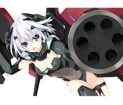 Rule 34 | &gt;:o, 10s, 1girl, :o, aiming, aiming at viewer, blue eyes, blush, bodysuit, breasts, cleavage, covered navel, cowboy shot, date a live, dutch angle, fighting stance, foreshortening, gatling gun, gloves, gun, hair between eyes, headgear, highres, leotard, looking at viewer, mecha musume, minigun, official art, open mouth, short hair, shouting, simple background, solo, thigh strap, thighhighs, tobiichi origami, tsunako, turtleneck, v-shaped eyebrows, weapon, white background, white hair