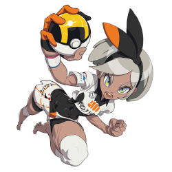 Rule 34 | 1girl, barefoot, bea (pokemon), black bodysuit, black hairband, bodysuit, bodysuit under clothes, clenched hand, collared shirt, commentary, covered navel, creatures (company), dark-skinned female, dark skin, dynamax band, english commentary, game freak, gatjensb, glint, gloves, grey eyes, grey hair, gym leader, hairband, highres, holding, holding poke ball, knee pads, looking at viewer, nintendo, open mouth, poke ball, pokemon, pokemon swsh, print shirt, print shorts, shirt, short hair, short sleeves, shorts, simple background, single glove, solo, teeth, tied shirt, tongue, ultra ball, v-shaped eyebrows, white background