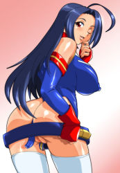 Rule 34 | 1girl, ahoge, ass, belt, belt skirt, blue hair, breasts, cosplay, covered erect nipples, detached sleeves, elbow gloves, gloves, gundam, gundam card builder, higashiyama (higashiyama honpo l.t.d), huge breasts, idolmaster, idolmaster (classic), idolmaster 1, leotard, long hair, looking back, miura azusa, naughty face, one eye closed, puffy nipples, pussy, red eyes, reiko holinger, reiko holinger (cosplay), skin tight, solo, thighhighs, thong leotard, uncensored, white thighhighs, wink