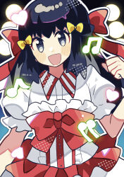 Rule 34 | 1girl, anidler91, black hair, blush, collared shirt, commentary request, creatures (company), cropped torso, dawn (contest) (pokemon), dawn (pokemon), eyelashes, frills, game freak, grey eyes, hair ribbon, highres, long hair, looking at viewer, musical note, nintendo, official alternate costume, open mouth, pokemon, pokemon bdsp, red ribbon, ribbon, shirt, simple background