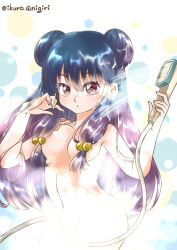 1girl artist_name bathing bell breasts bubble completely_nude convenient_censoring hair_bell hair_ornament highres ikura_onigiri long_hair looking_at_viewer navel nude parted_lips purple_eyes purple_hair ranma_1/2 shampoo_(ranma_1/2) sidelocks steam steam_censor water