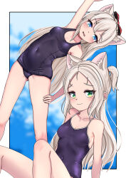 Rule 34 | 2girls, :3, animal ear fluff, animal ears, arm up, azur lane, bare shoulders, blonde hair, blue eyes, border, bow, breasts, cat ears, commentary request, covered navel, dedorudy, green eyes, hair bow, hammann (azur lane), hand on own thigh, highres, long hair, looking at viewer, multiple girls, outside border, red bow, school swimsuit, sims (azur lane), sitting, small breasts, standing, stretching, swimsuit, white border, white hair
