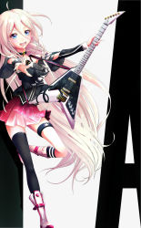 Rule 34 | 1girl, ahoge, asymmetrical legwear, bad id, bad pixiv id, blue eyes, boots, braid, character name, choker, electric guitar, foreshortening, guitar, ia (vocaloid), instrument, long hair, looking at viewer, mismatched legwear, off shoulder, open mouth, pink hair, single sock, single thighhigh, skirt, smile, socks, solo, thigh strap, thighhighs, twin braids, uneven legwear, unidentified flying girl, very long hair, vocaloid