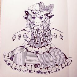 Rule 34 | 1girl, bow, bowtie, breasts, closed mouth, collared shirt, crystal, emico, flandre scarlet, frilled shirt collar, frilled skirt, frills, greyscale, hat, hat bow, hat ribbon, light smile, long hair, looking at viewer, mob cap, monochrome, one side up, photo (medium), puffy short sleeves, puffy sleeves, ribbon, shirt, short sleeves, skirt, small breasts, solo, touhou, vest, wings