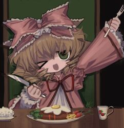 Rule 34 | 1girl, black background, blonde hair, bow, carrot, chair, coat, commentary request, cup, drill hair, flat chest, fork, fried egg, frilled bow, frills, green eyes, hair between eyes, hair bow, hamburger steak, highres, hinaichigo, holding, holding fork, holding knife, knife, lolita fashion, long sleeves, looking at viewer, medium bangs, medium hair, meyou 0319, neck ribbon, one eye closed, open mouth, pink bow, pink coat, plate, quad drills, red ribbon, ribbon, rozen maiden, simple background, single blush sticker, smile, solo, table, teacup, upper body