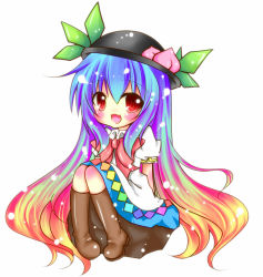 Rule 34 | 1girl, bad id, bad pixiv id, female focus, food, fruit, full body, gradient hair, hat, hinanawi tenshi, multicolored hair, peach, red eyes, simple background, sitting, solo, suishou anzu, touhou, white background