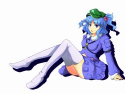 Rule 34 | 1girl, arm support, bad id, bad pixiv id, blue eyes, blue hair, breasts, female focus, full body, hair bobbles, hair ornament, hat, kawashiro nitori, key, matching hair/eyes, navel, open mouth, simple background, skirt, solo, thighhighs, touhou, twintails, two side up, white background, white thighhighs, yoshida tatsumi