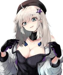 Rule 34 | 1girl, aa-12 (girls&#039; frontline), ahoge, bags under eyes, belt, black gloves, black hat, black tank top, blue eyes, blush, breasts, buckle, choker, cleavage, coat, girls&#039; frontline, gloves, hair ornament, hat, highres, large breasts, long hair, open clothes, open coat, open mouth, silver hair, simple background, snap-fit buckle, solo, star (symbol), star hair ornament, strap, take (trude1945oneetyan), tank top, upper body, white background, white coat