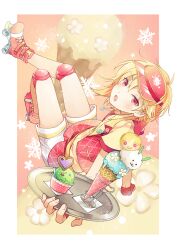 Rule 34 | 1boy, androgynous, bishounen, blonde hair, blush, ensemble stars!, food, hat, holding, holding tray, ice cream, ice cream cone, looking at viewer, male focus, nito nazuna, open mouth, pink eyes, roller skates, short hair, short sleeves, skates, solo, tray, winniconan